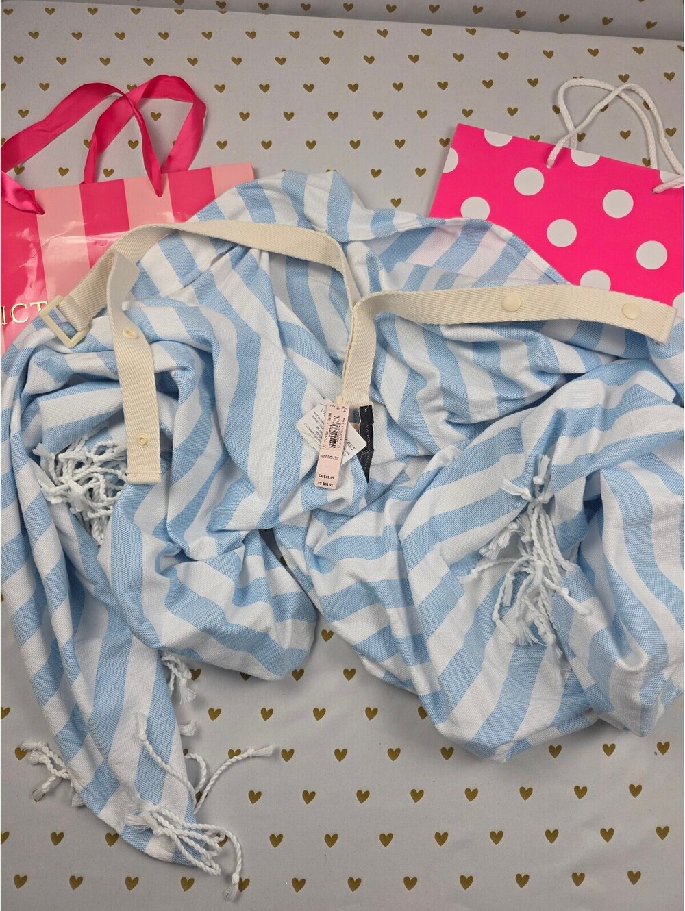 Victoriaโs Secret Blue White Stripe Beach Blanket NWT Fringe Carry Strap VS